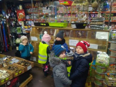 Zakupioną karmę dla ptaków zanieśliśmy głodnym małym ptaszkom. 